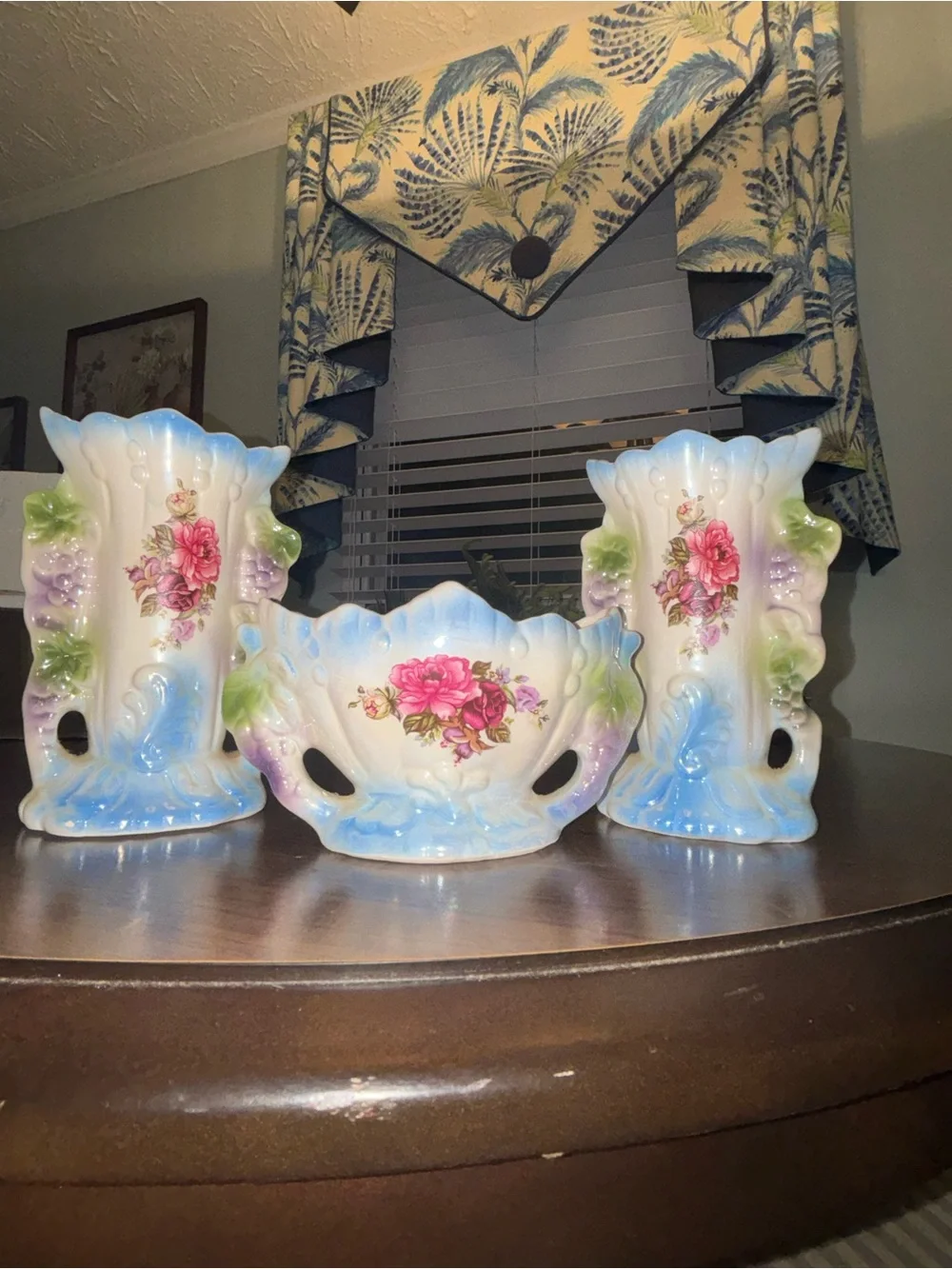 Vintage Floral Ceramic Vase and Bowl Set - Blue, Pink & Green